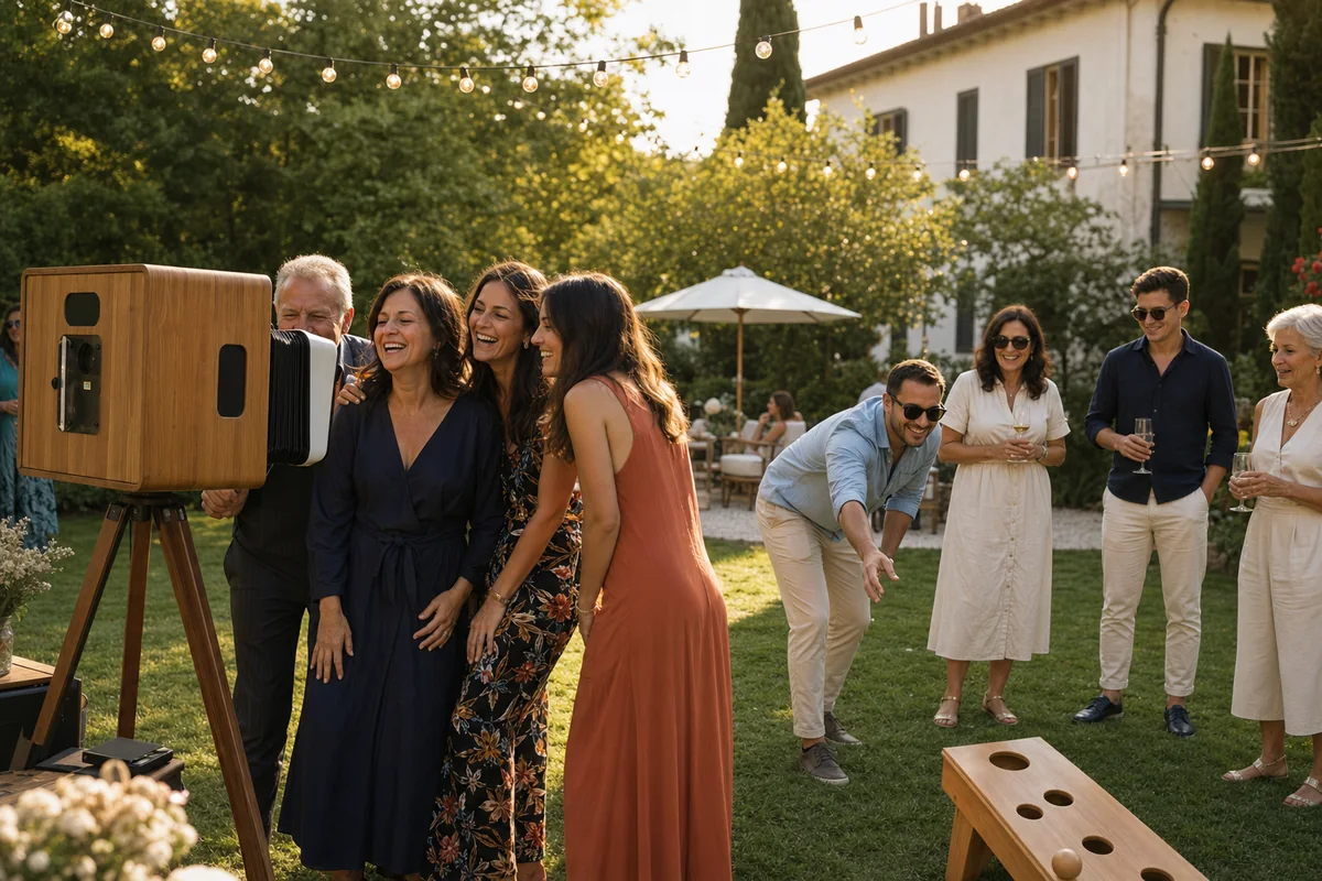 Gäste an einer Fotobox und einem Geschicklichkeitsspiel bei einer privaten Gartenfeier