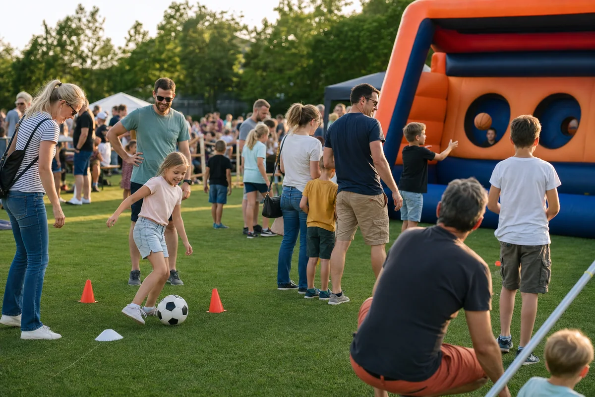 Kinder und Erwachsene bei Spielstationen auf einem Vereinsfest