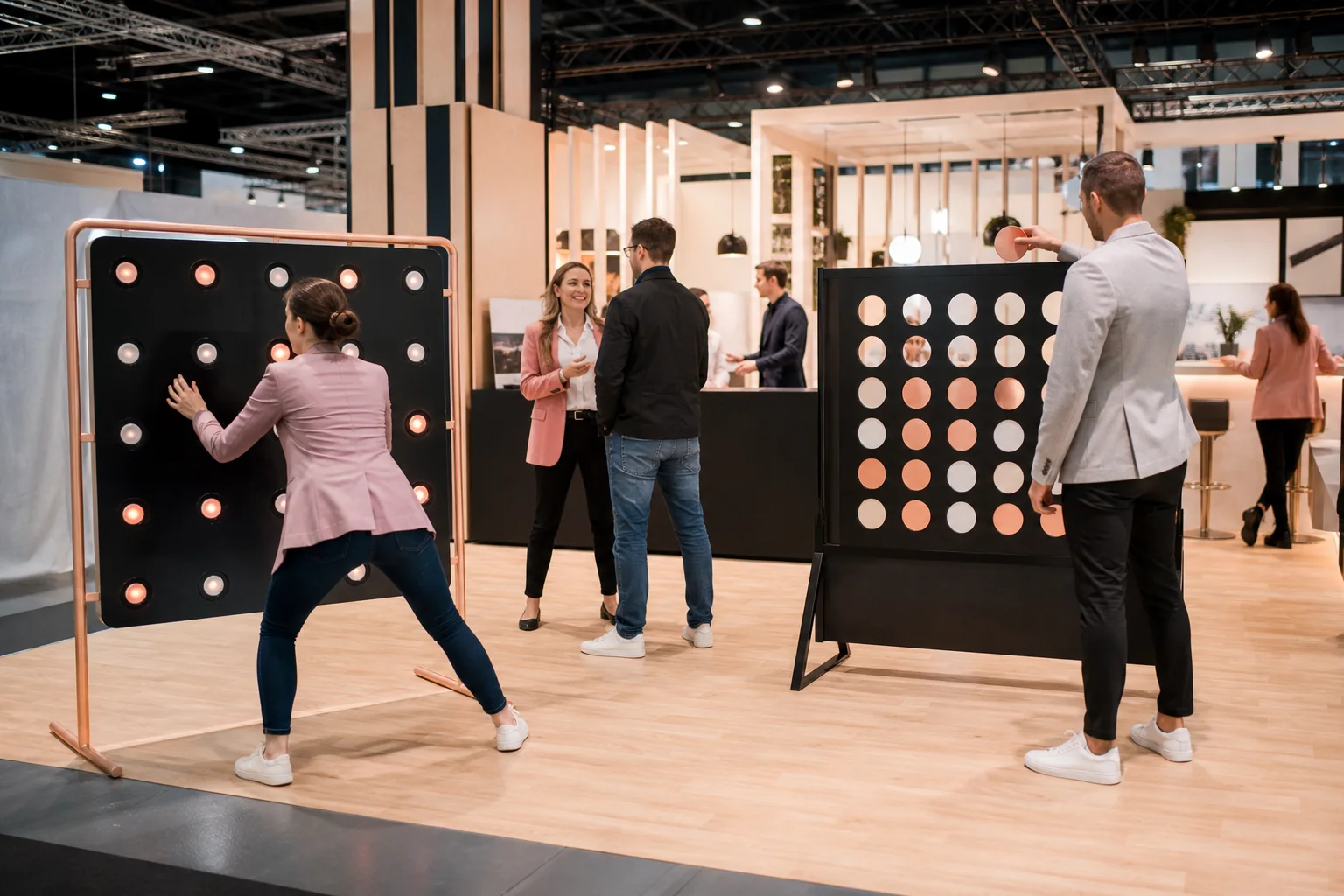KI-Visualisierung: Besucherinnen und Besucher nutzen interaktive Eventmodule an einem modernen Messestand.