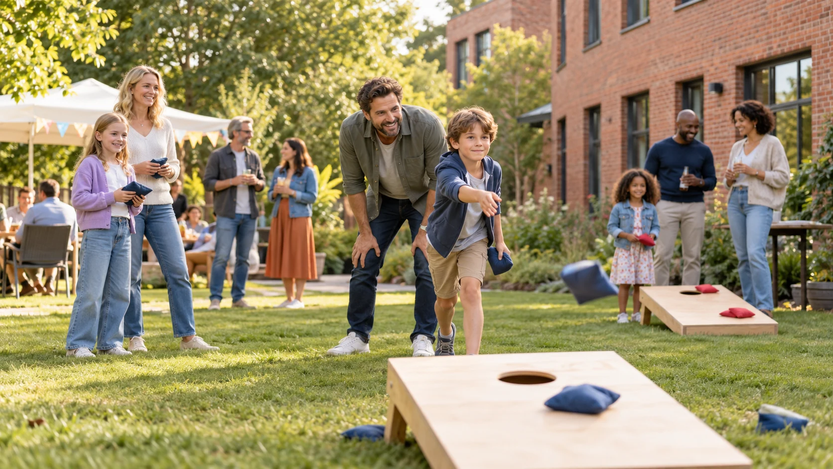Ein Kind spielt mit seiner Familie Cornhole auf einer Grünfläche vor einem Backsteingebäude.