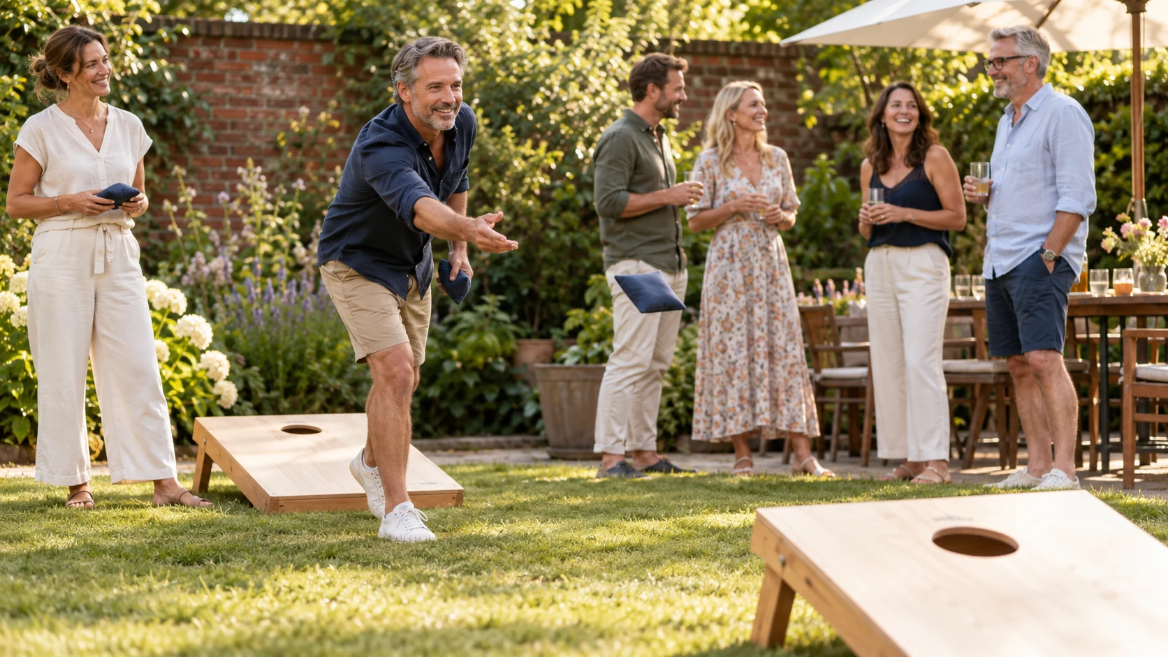 Erwachsene spielen Cornhole auf einer sonnigen Gartenterrasse.